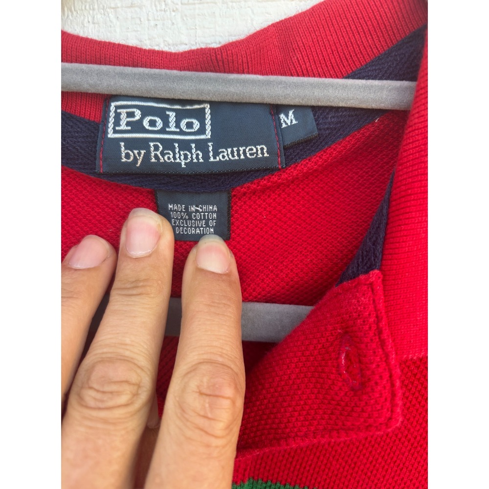 Polo Ralph Lauren Men's Red Navy Green Striped Polo Shirt Classic Fit Medium - Picture 2 of 4